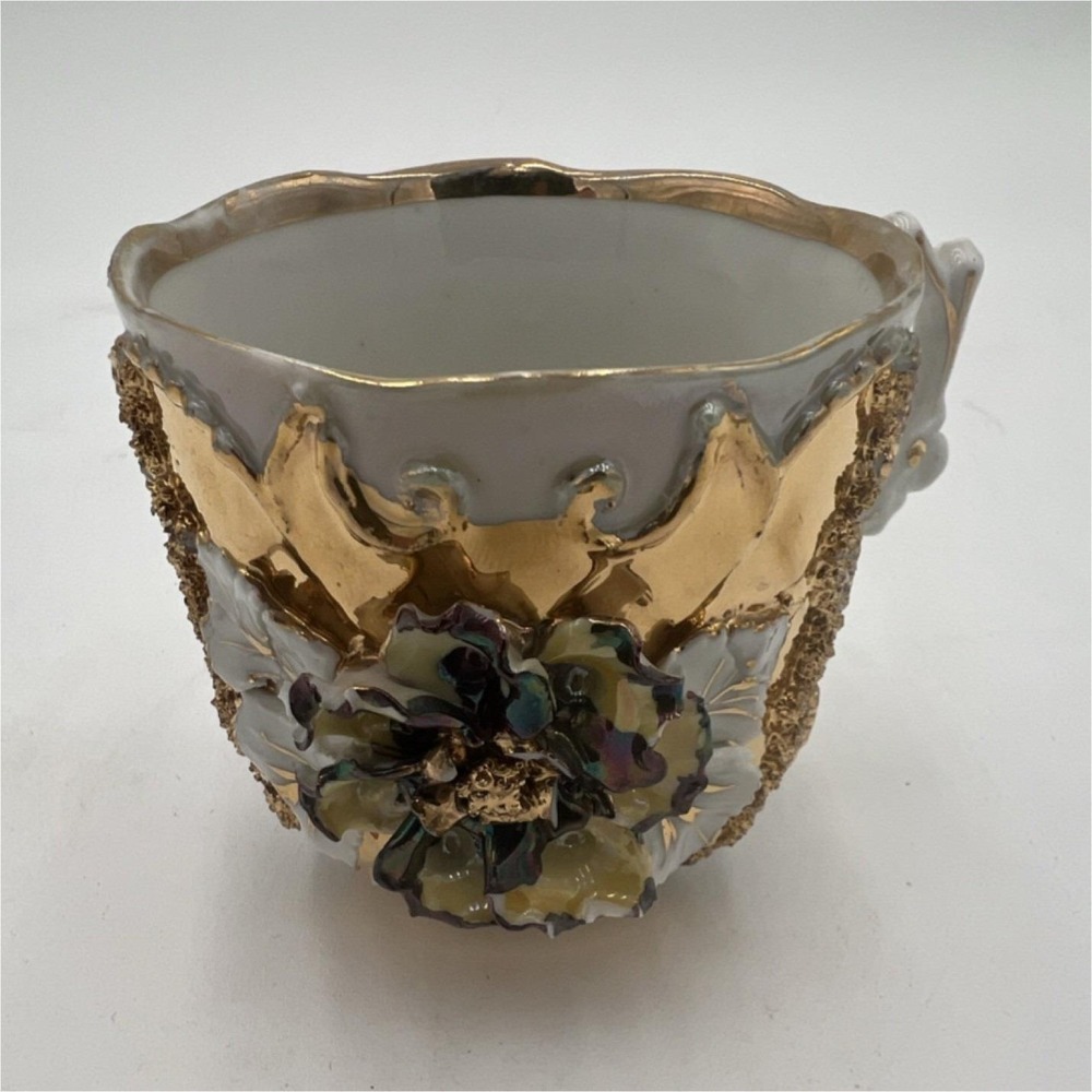 German Porcelain Cup White Gold Embossed Painted Floral Design Collectible Decor